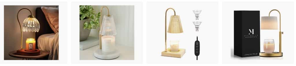 A collage of four images displays various candle warmer lamps, perfect for fall decor ideas. Each lamp features a unique design with glass and fabric shades on wooden or metal bases, illuminating candles. One lamp includes a remote control and bulbs, neatly placed next to a box.